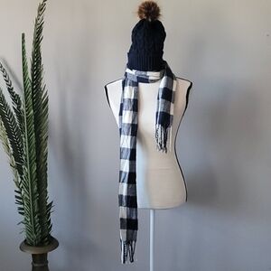 Blue buffalo check scarf & navy pom pom hat